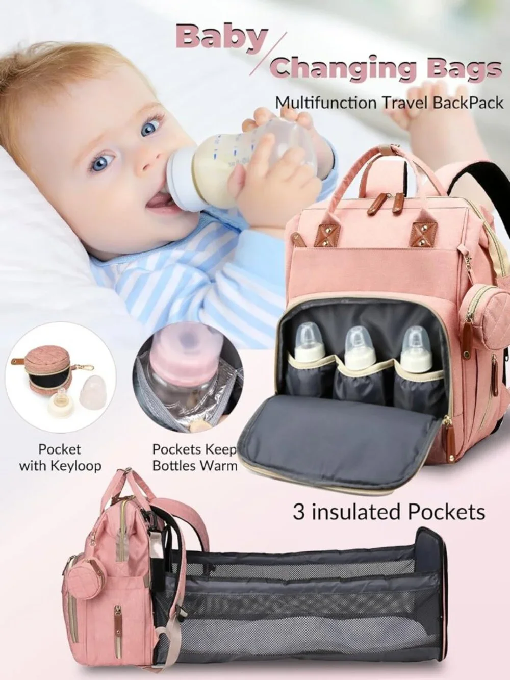Stylish Waterproof 3-in-1 Diaper Bag Backpack with Changing Pad, Large Travel